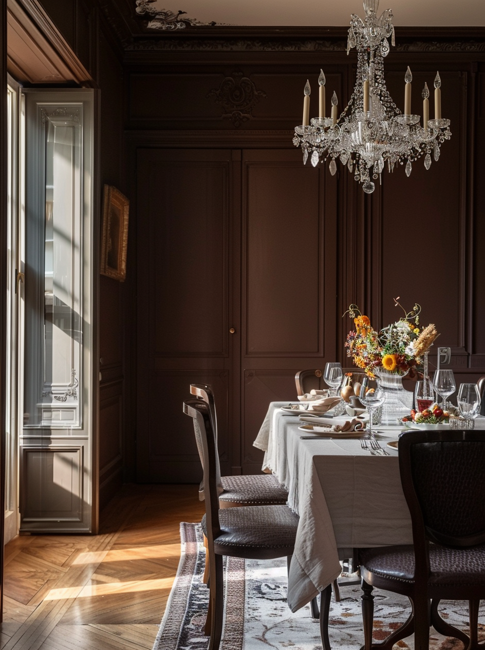 French Parisian dining decor emphasizing sophisticated and luxurious touches