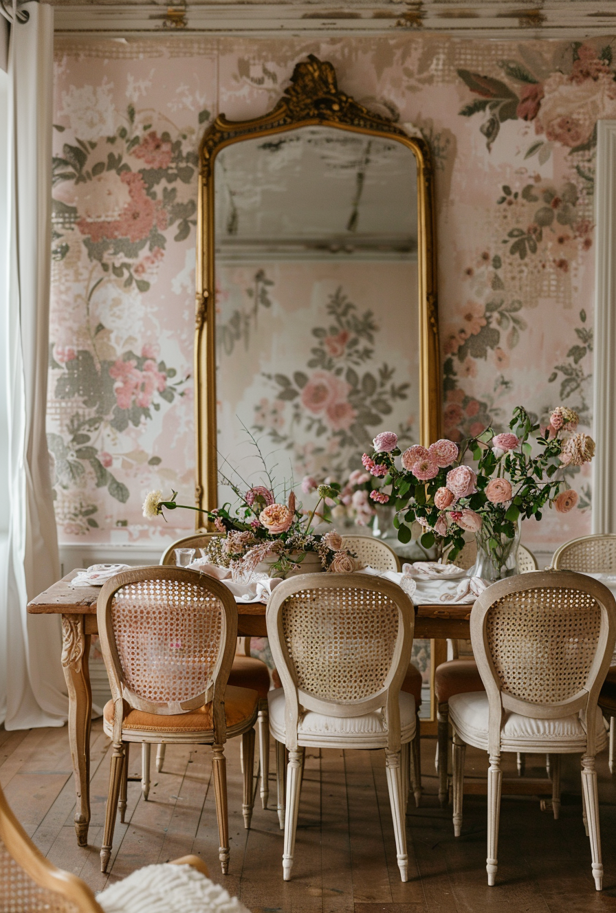 French Parisian dining room with ceiling fretwork and bay windows