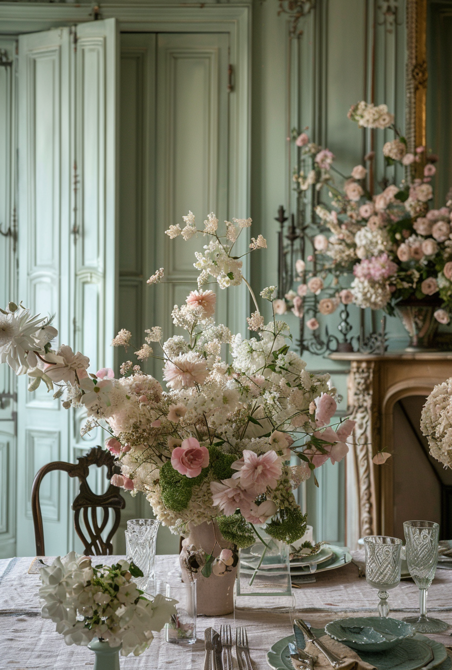 French Parisian dining room with cornice boards and plush footstools