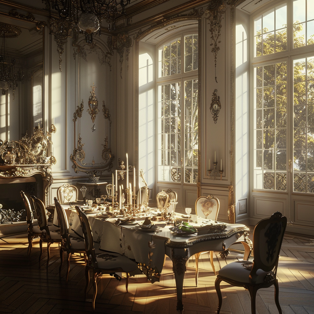 French Parisian dining room with ornate wooden table and high back chairs
