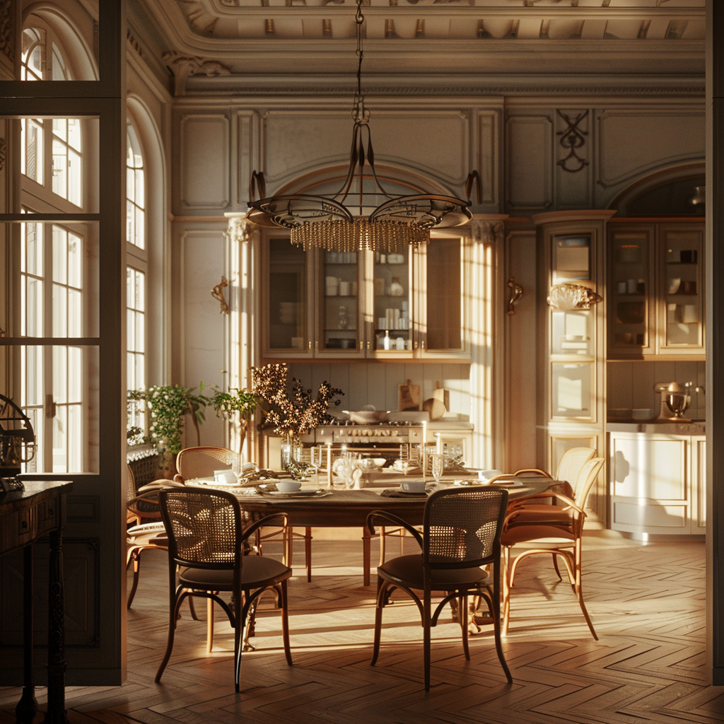 French Parisian dining room with period lighting switches and decorative ceramic tiles