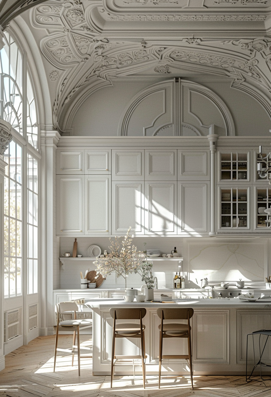 French Parisian kitchen accessories displayed on a marble countertop, enhancing the kitchen's charm
