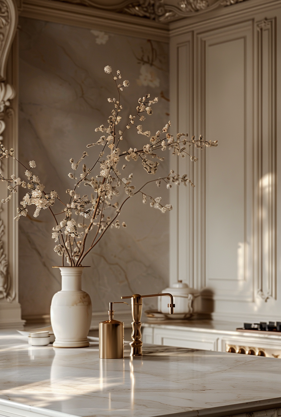 French Parisian kitchen blending vintage charm with modern luxuries like high-end appliances and marble counters