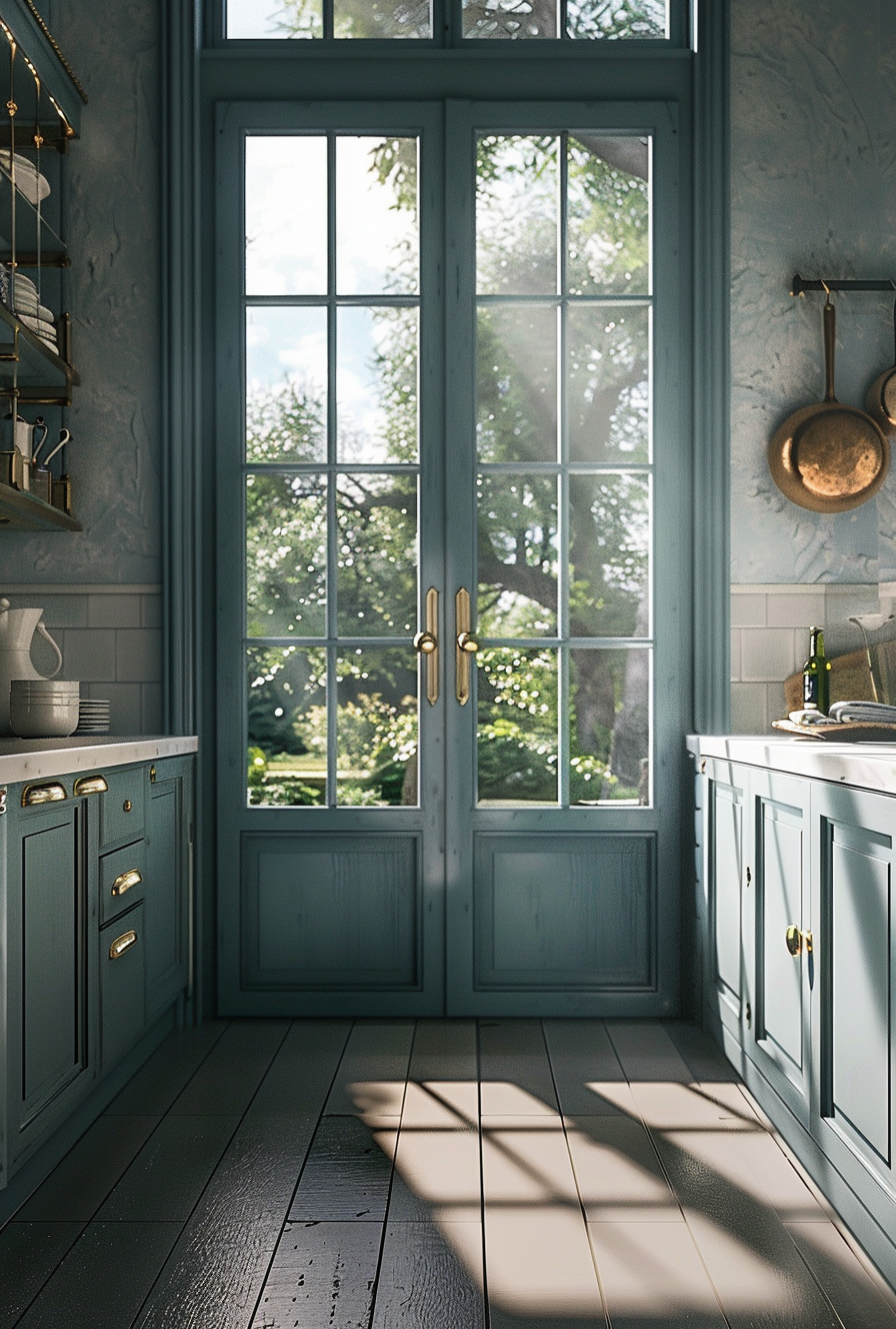 French Parisian kitchen color schemes featuring soft pastels and bold navy accents for a chic look