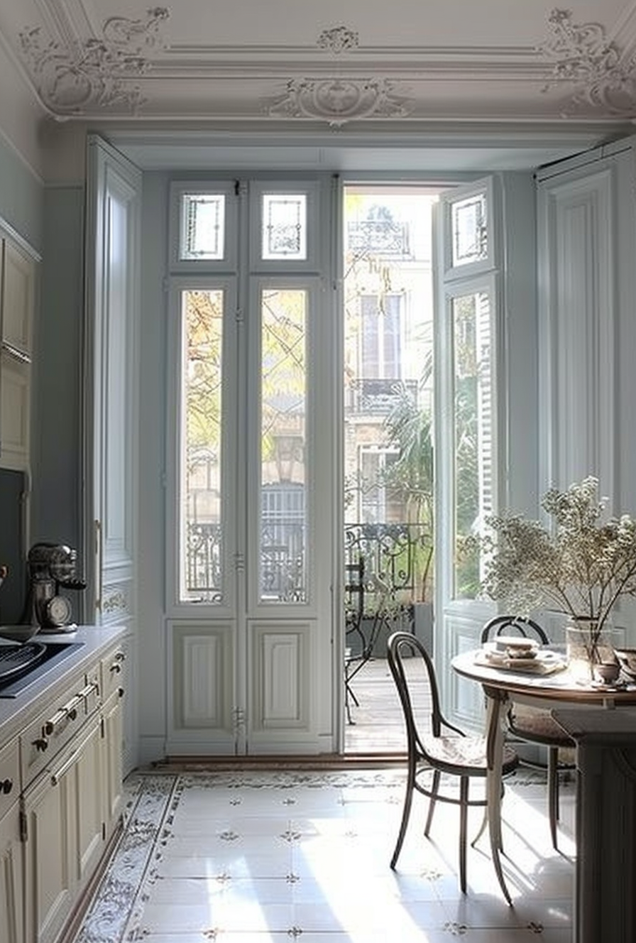 French Parisian kitchen decorative touches including wrought iron accents and linen textiles for a homely feel