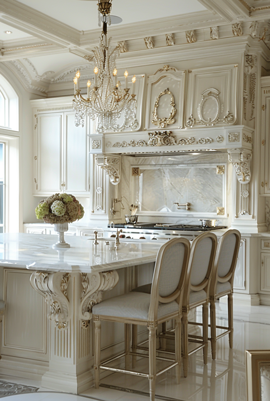 French Parisian kitchen design secrets showcasing elegant white marble countertops and classic cabinetry