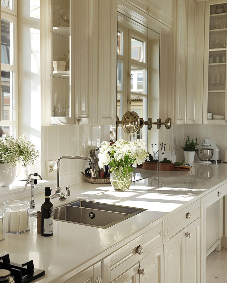 French Parisian kitchen flooring with classic herringbone pattern wood floors for a touch of tradition