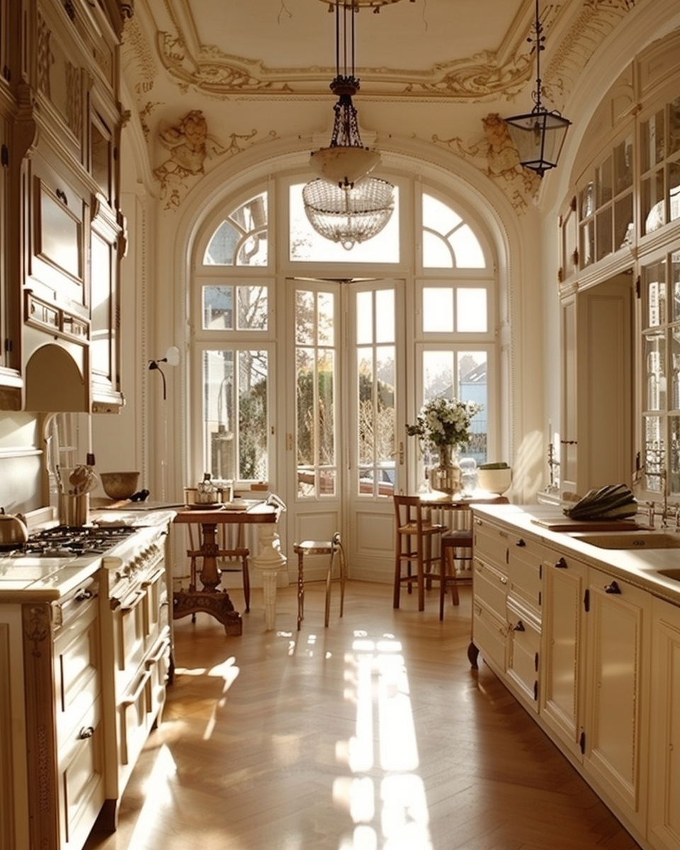 French Parisian kitchen lighting solutions with a crystal chandelier adding warmth and elegance
