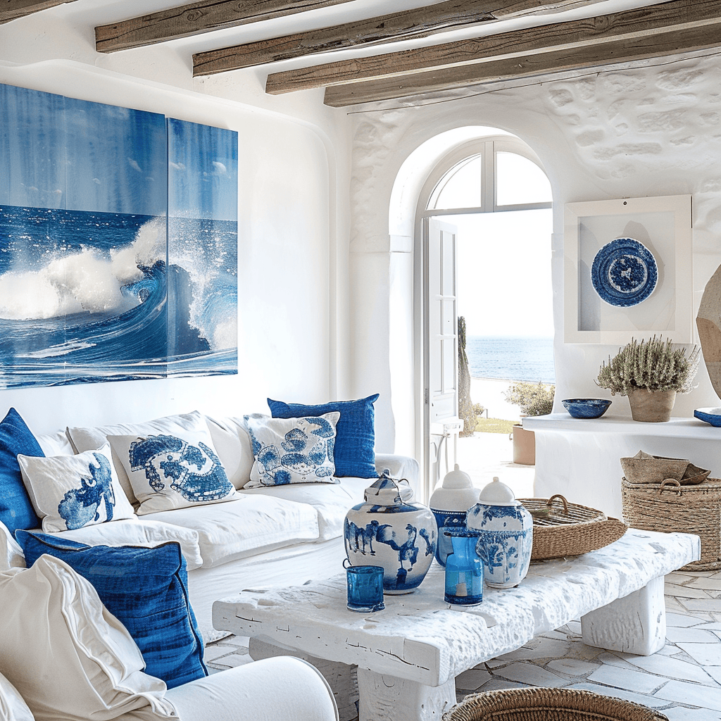 Fresh Mediterranean living room with a focus on incorporating blue and white elements for a breezy ambiance