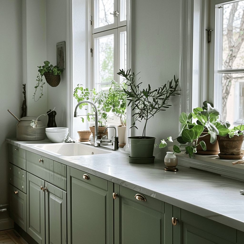 Fresh Scandinavian kitchen with muted green cabinets, white countertops, and potted herbs