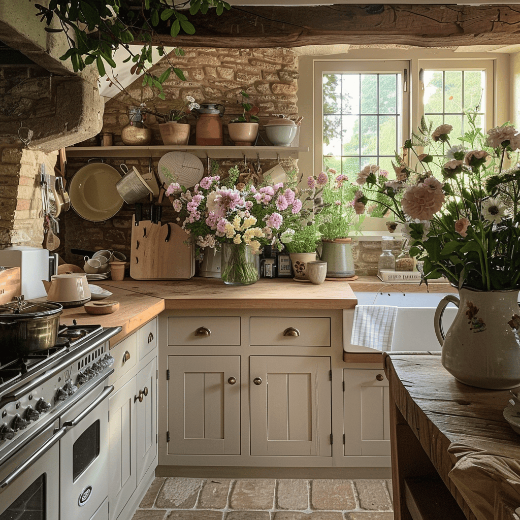 Fresh flowers and potted herbs in this English countryside kitchen add a touch of nature and freshness to the space