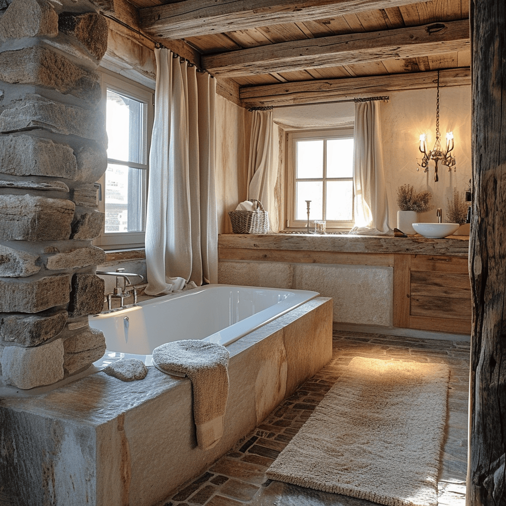 Fresh herb pots on a rustic bathroom countertop