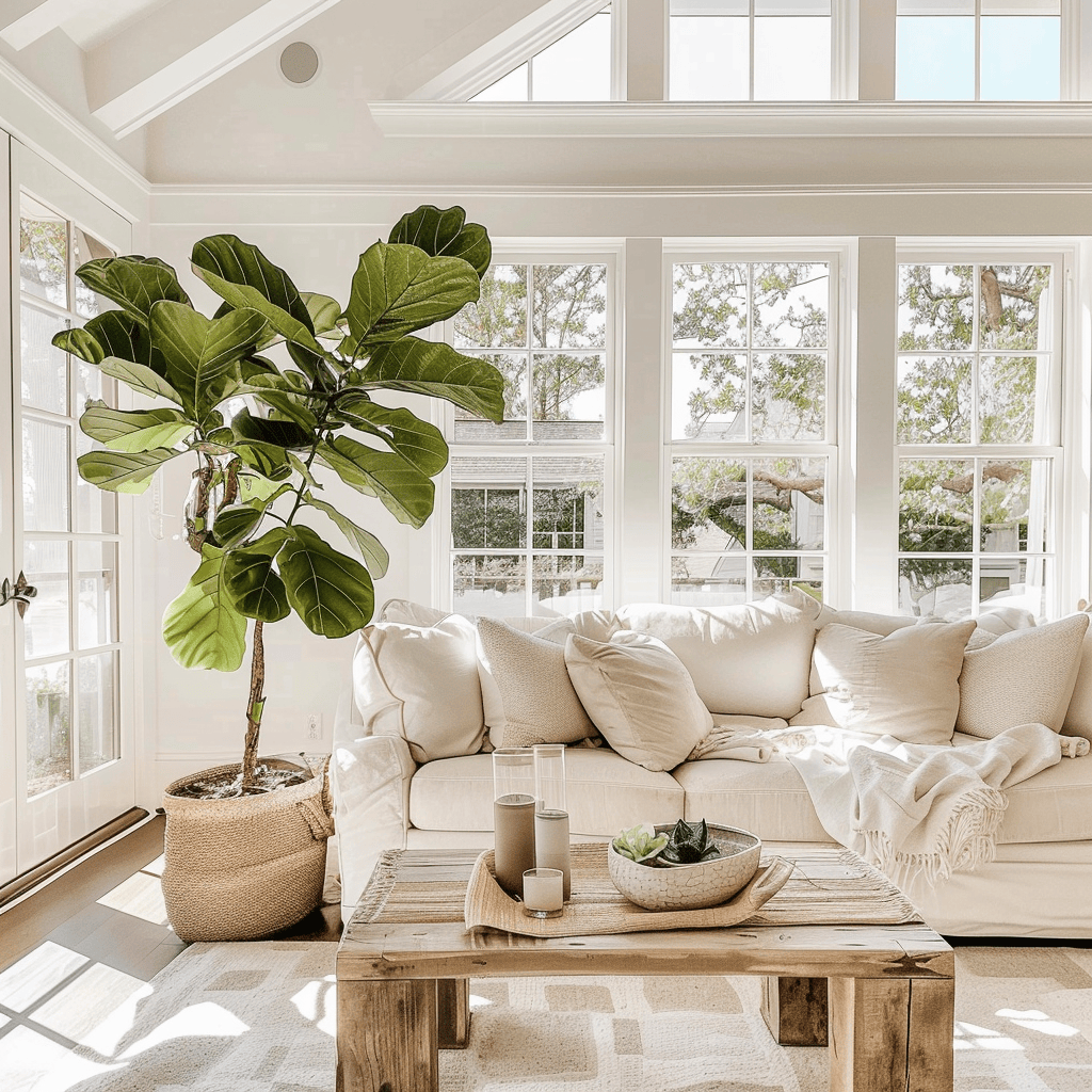 Fresh, inviting Scandinavian sunroom with large fiddle leaf fig trees, white sofa, and light wood table