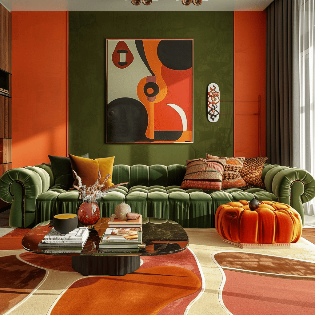 Fresh living area with triadic color harmony of emerald  coral  and burgundy