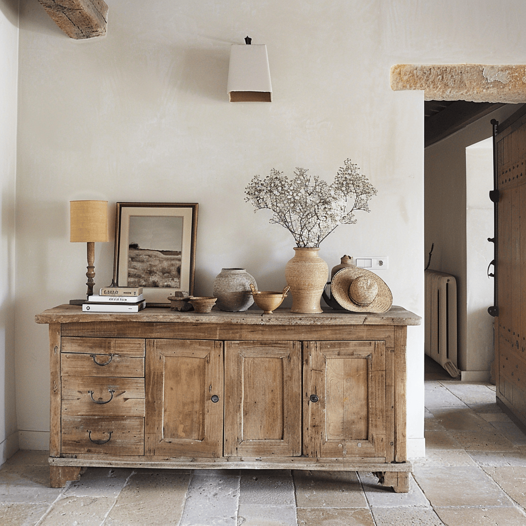 Functional Mediterranean living room with a focus on incorporating a sideboard or buffet for a practical and visually appealing storage solution