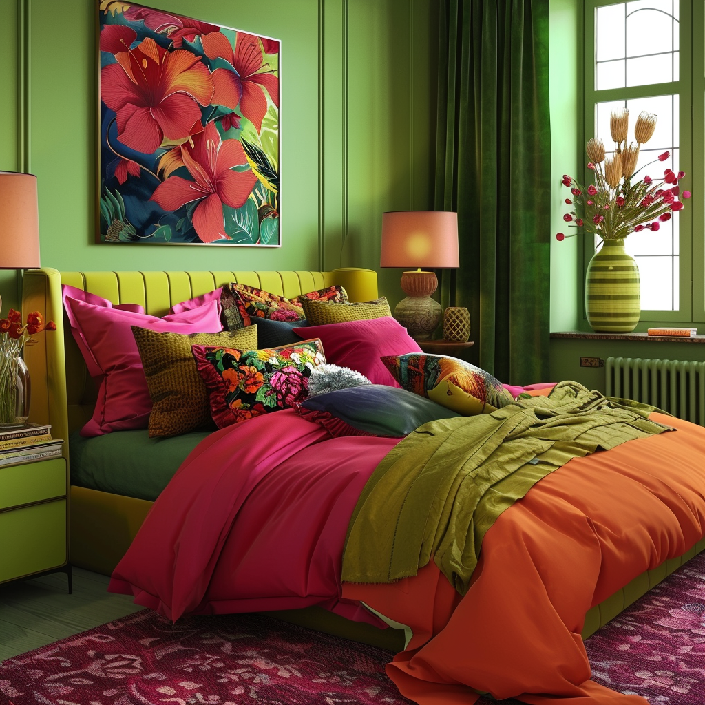 Funky 70s den with citrus lime walls and patterned curtains