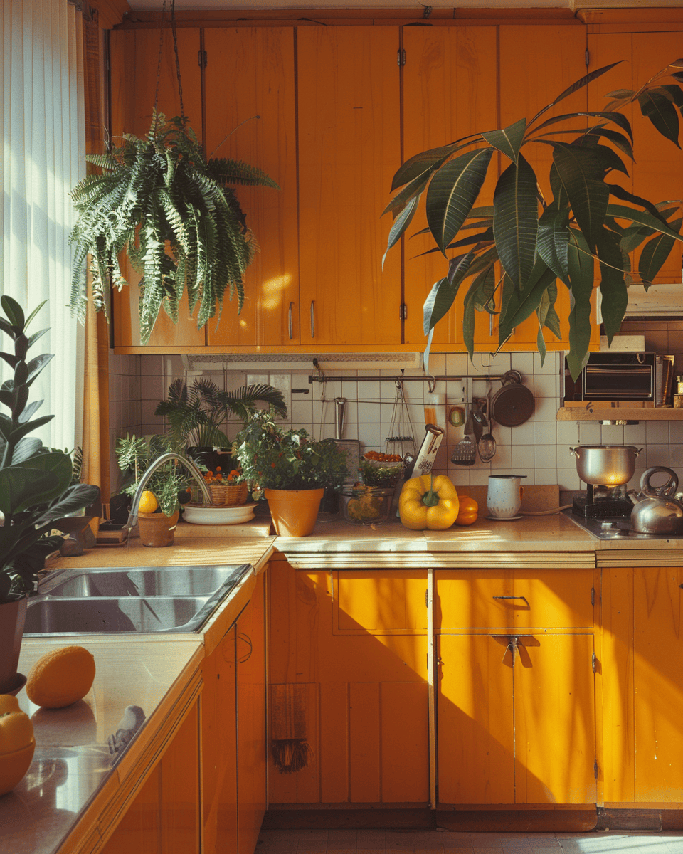 Funky 70s kitchen featuring a small, colorful shag rug