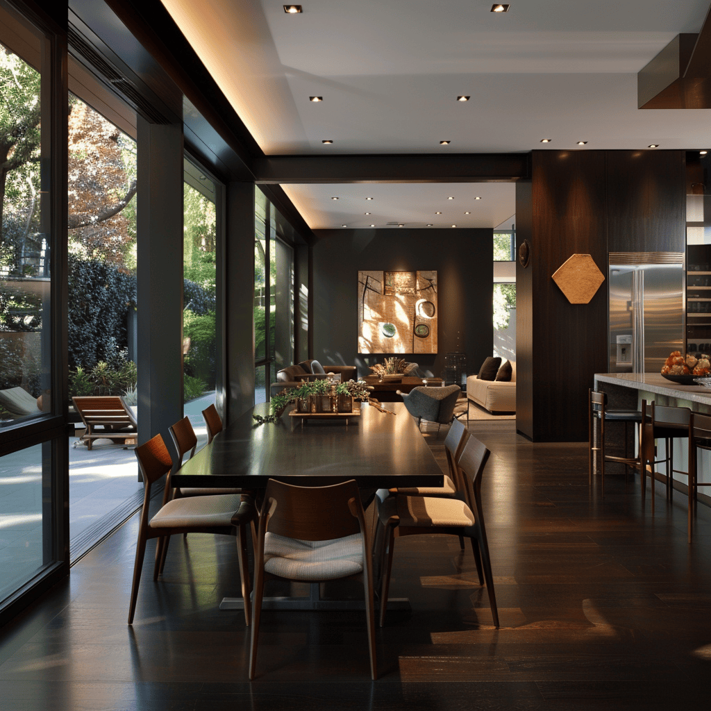 Furniture placement, architectural elements, and distinct zones come together in this modern dining room to maximize functionality and create a sense of order