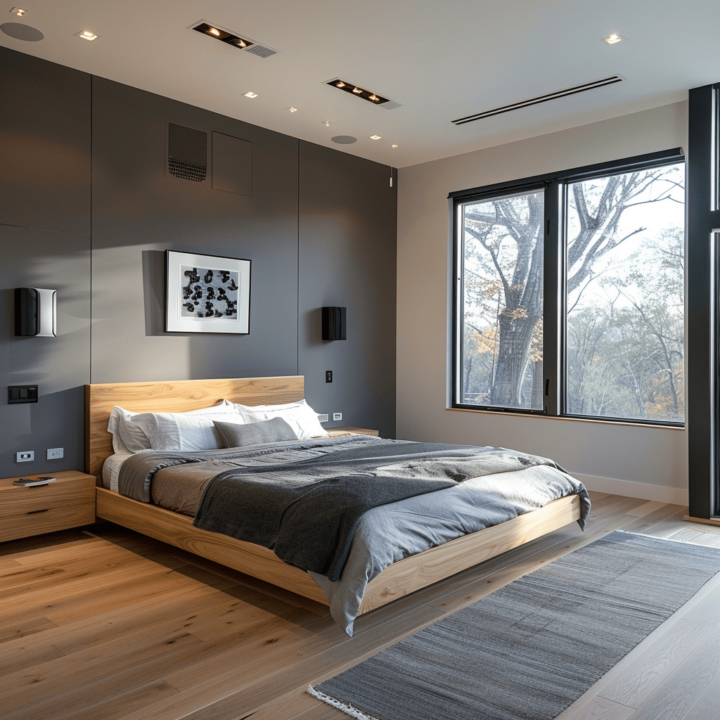 Future-forward modern bedroom with voice-activated devices hidden outlets and a clutter-free minimalist aesthetic