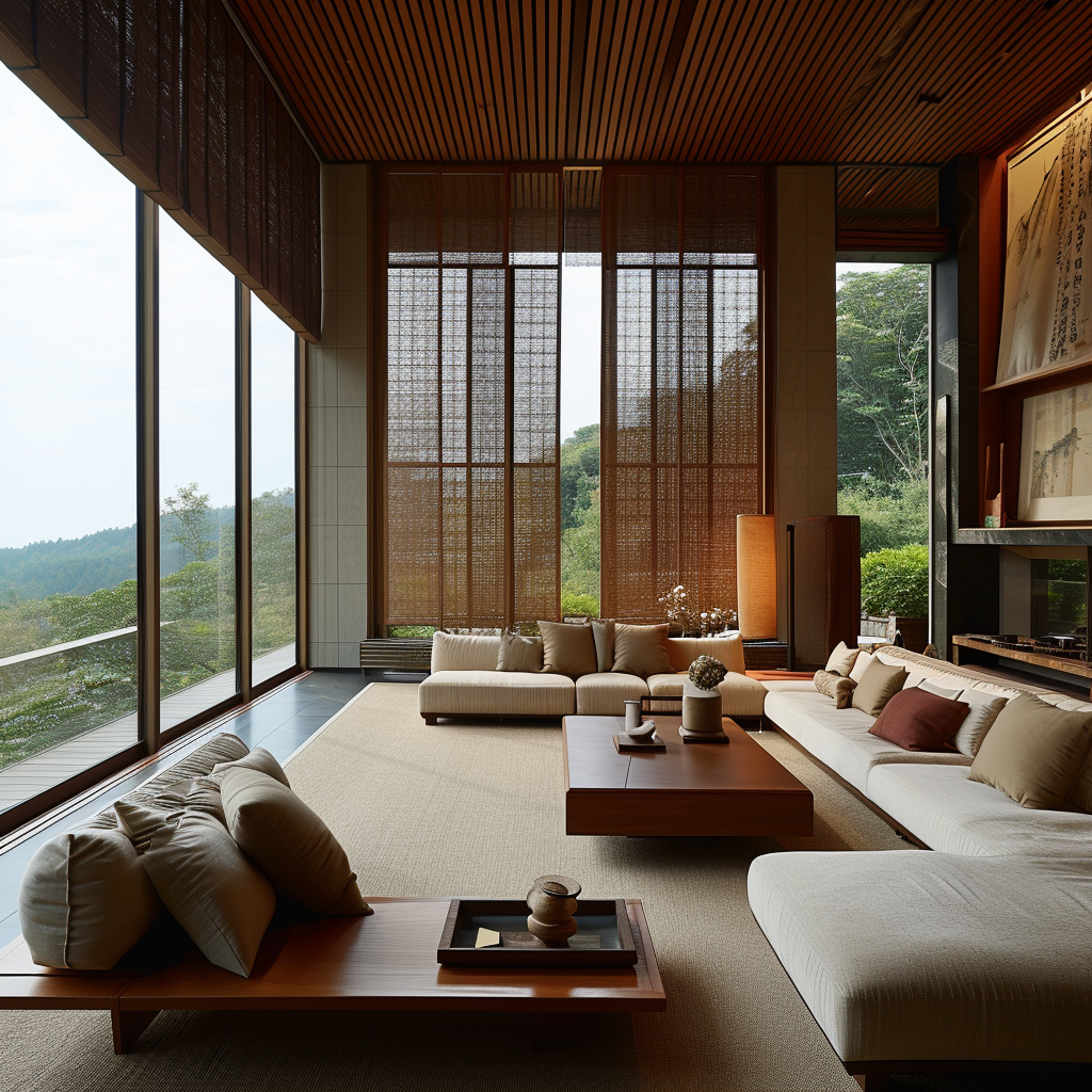 Futuristic Japanese-style living room with smart home features and sleek design.