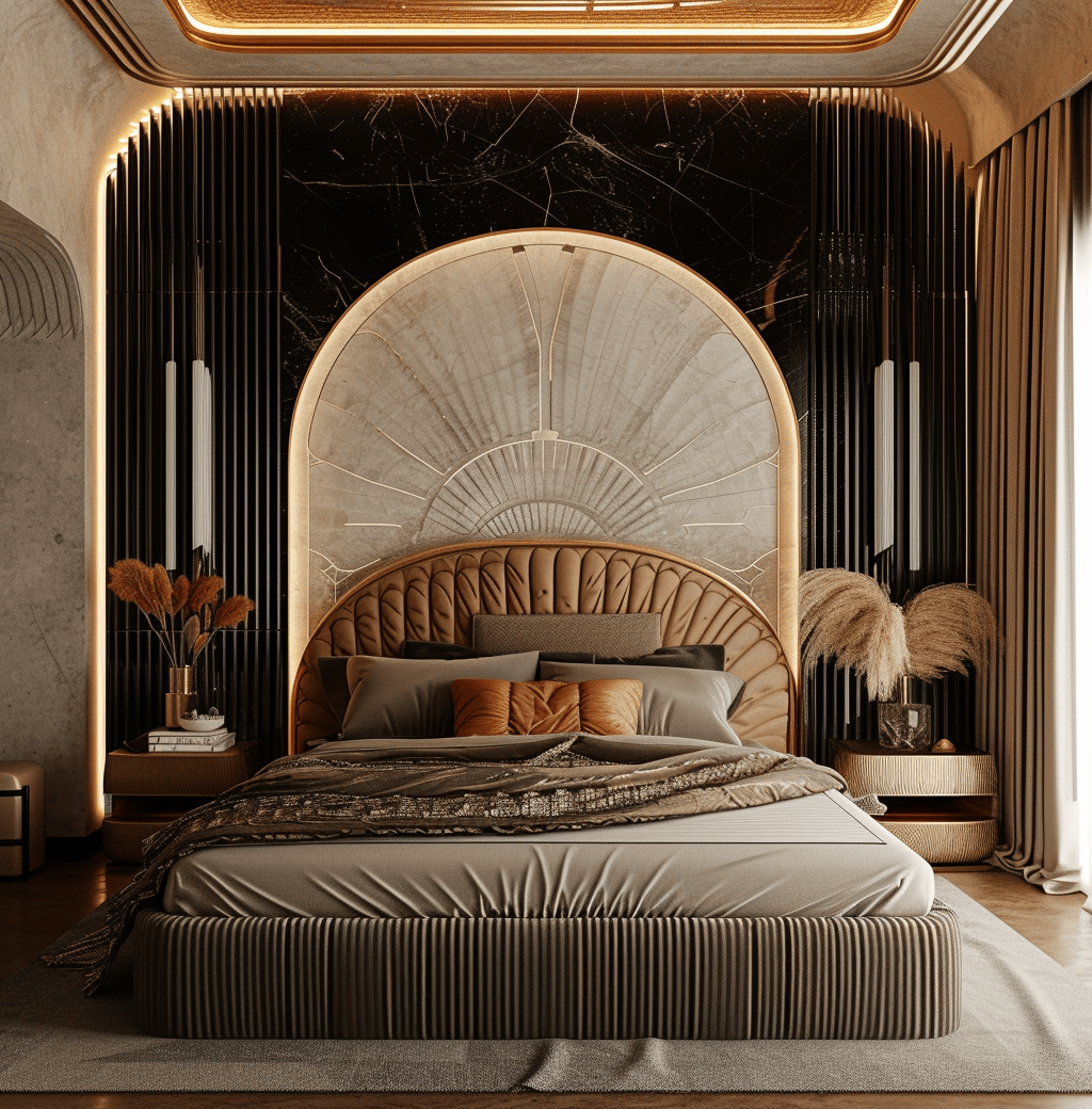 Gatsby-style glamour showcased in the accessories of an Art Deco bedroom