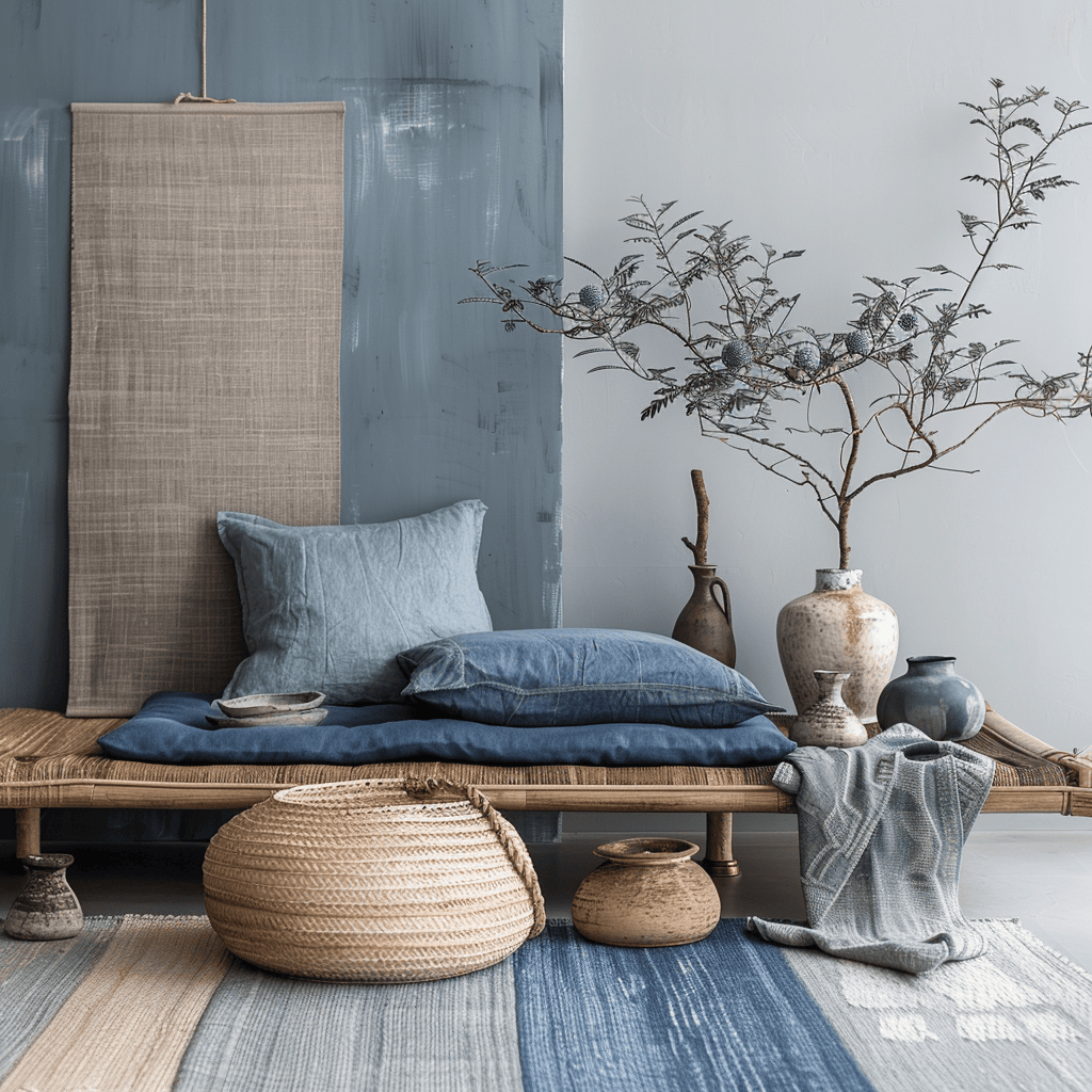 Gentle muted blues incorporated into Japandi decor, offering a refreshing pop of color while maintaining a serene and balanced atmosphere