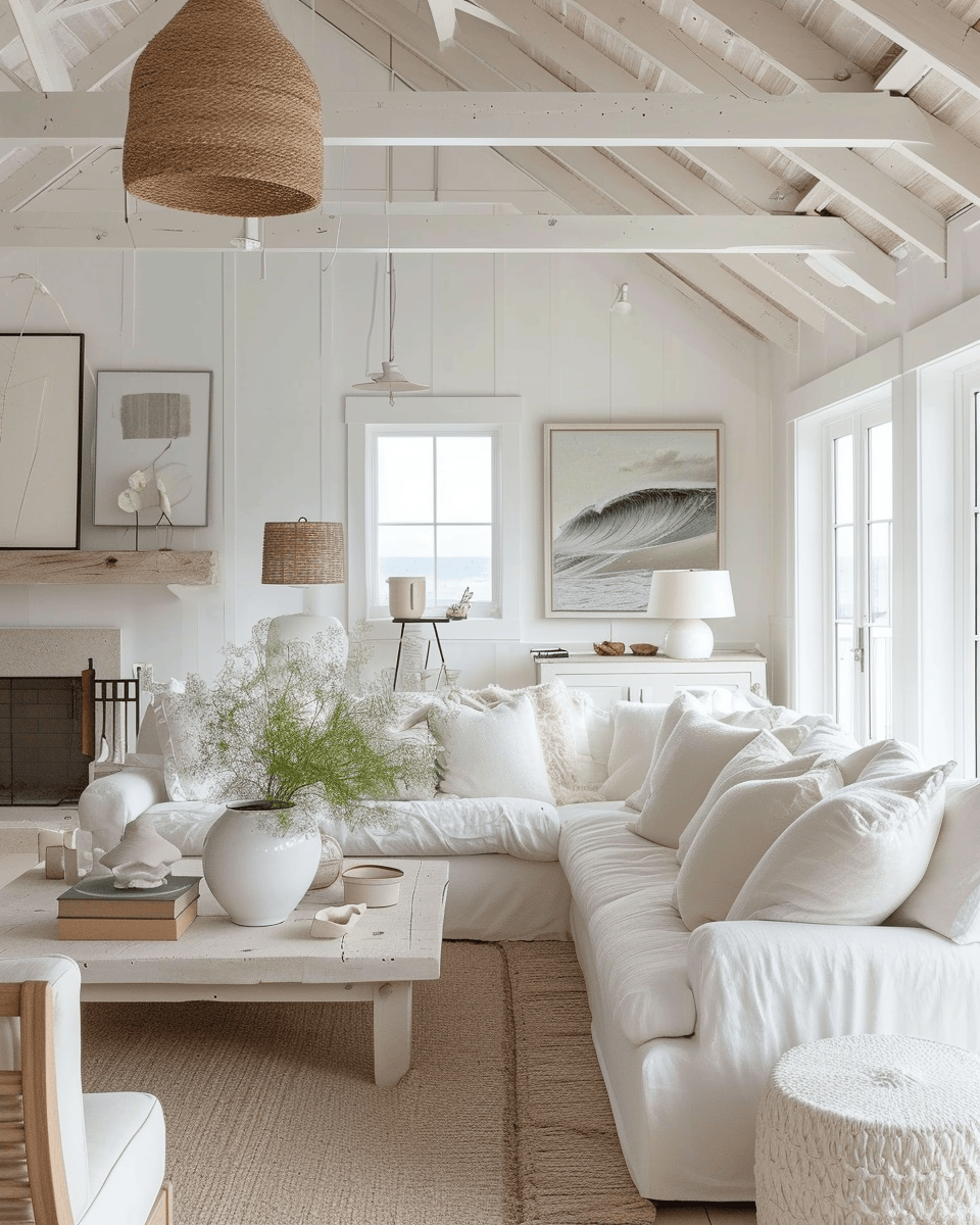 Glass vases reflecting light in a sunny coastal living room