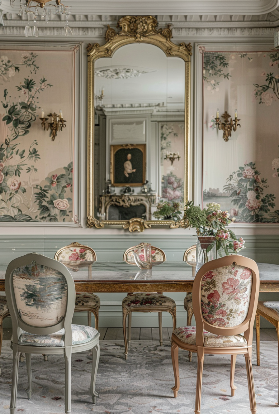 Grand French Parisian dining room with silver serving pieces and panelled walls