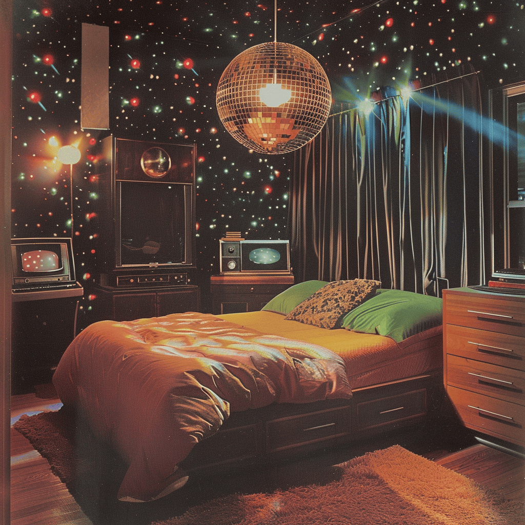 Groovy 1970s bedroom setup featuring disco-inspired lighting, bringing the dance floor's energy home