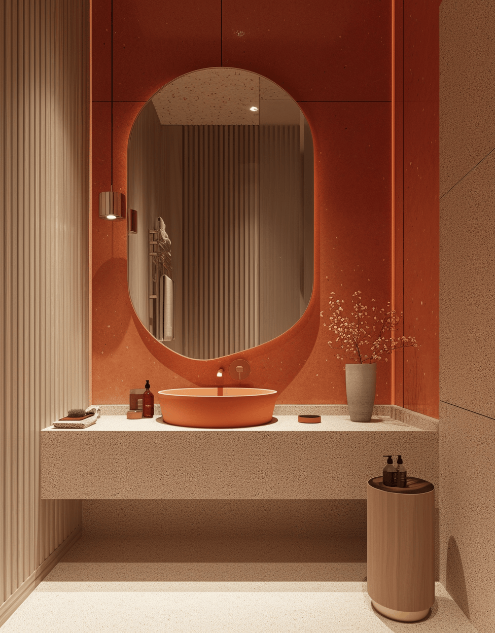 Groovy 70s bathroom design inspirations with vibrant hues and dynamic textures