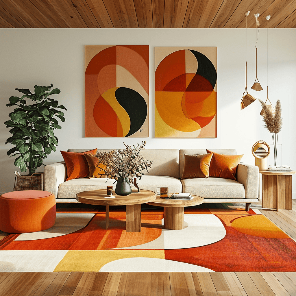 Groovy 70s design pattern adorning a feature wall in a trendy living space
