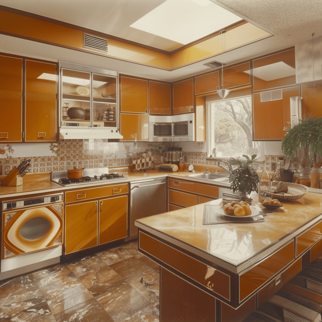 Groovy 70s kitchen decorated with psychedelic patterns