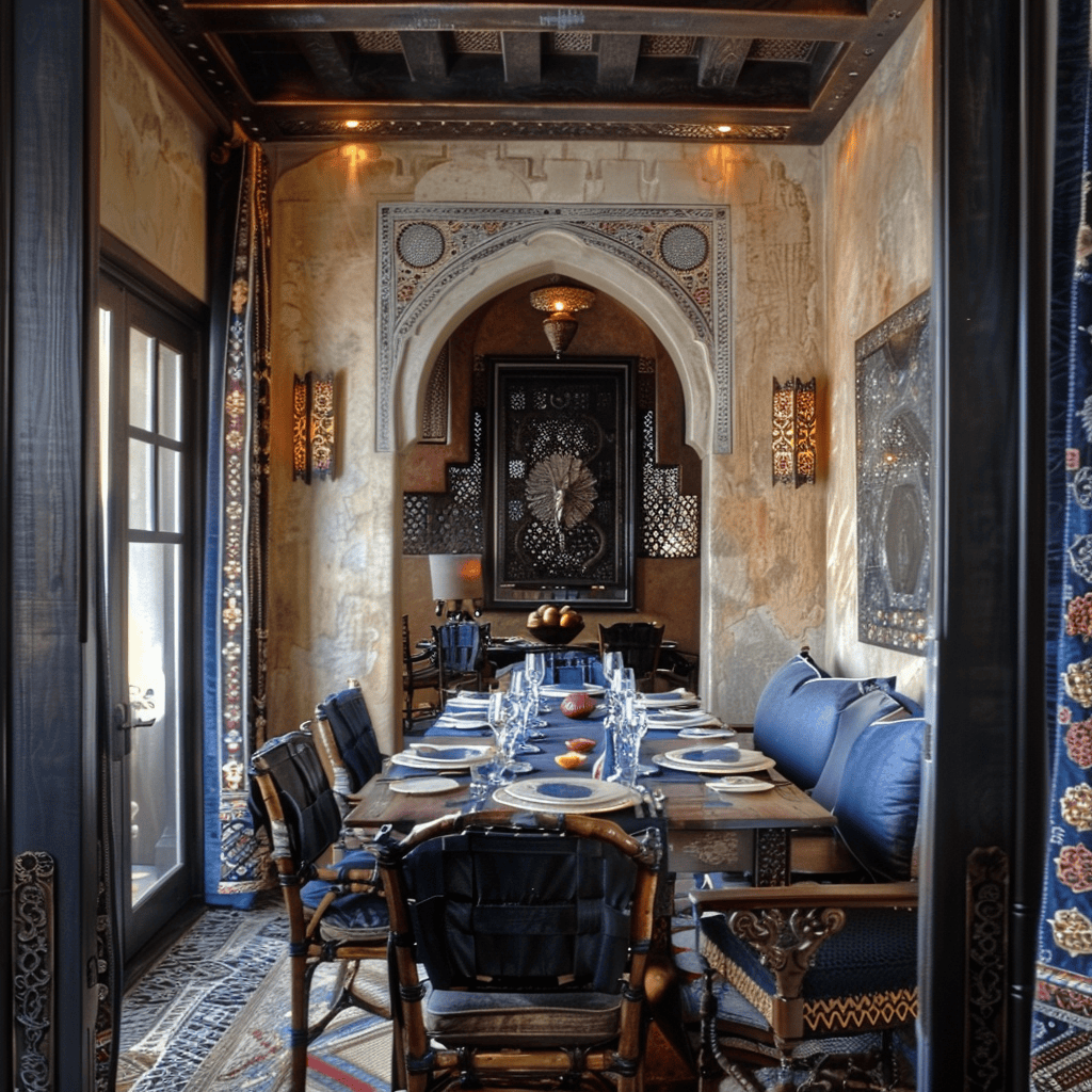 Handcrafted Fes pottery adorning a Moroccan dining room table