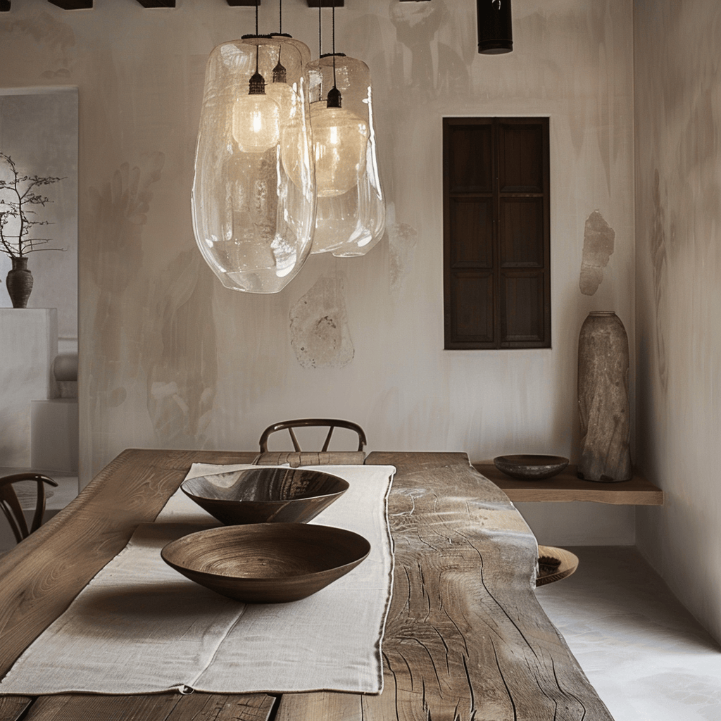 Handcrafted elements showcasing craftsmanship in a Japandi dining area