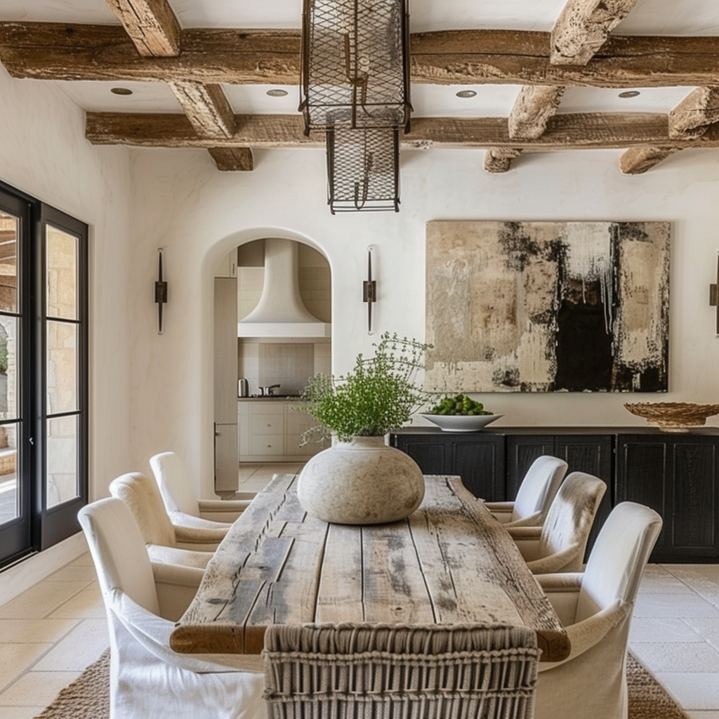 Handcrafted vibe in farmhouse dining room with pottery and ceramics on display