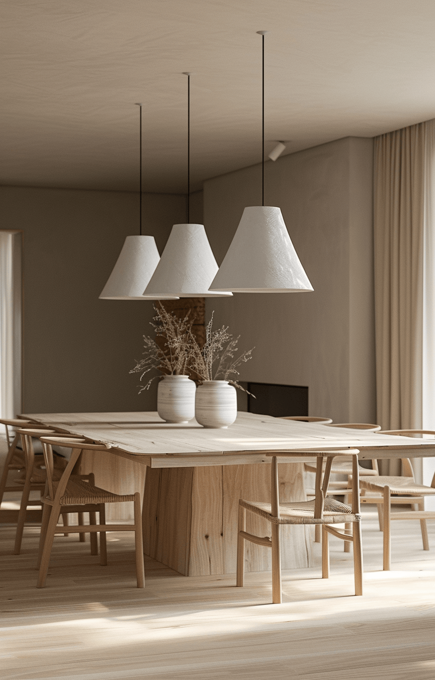 Handmade ceramic dishware on a Japandi-style dining table