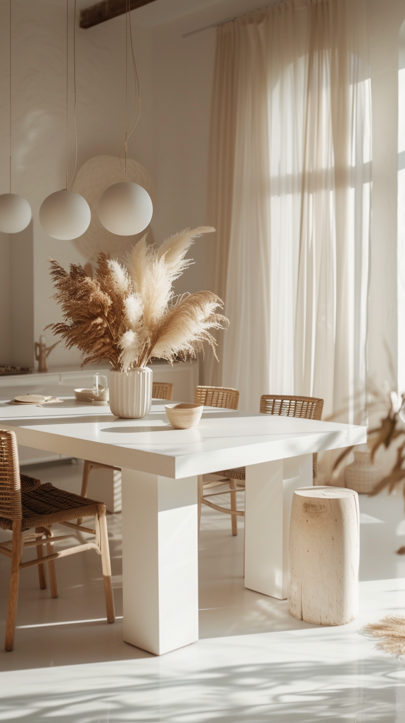 Handwoven baskets adding a touch of rustic charm to a modern boho dining room