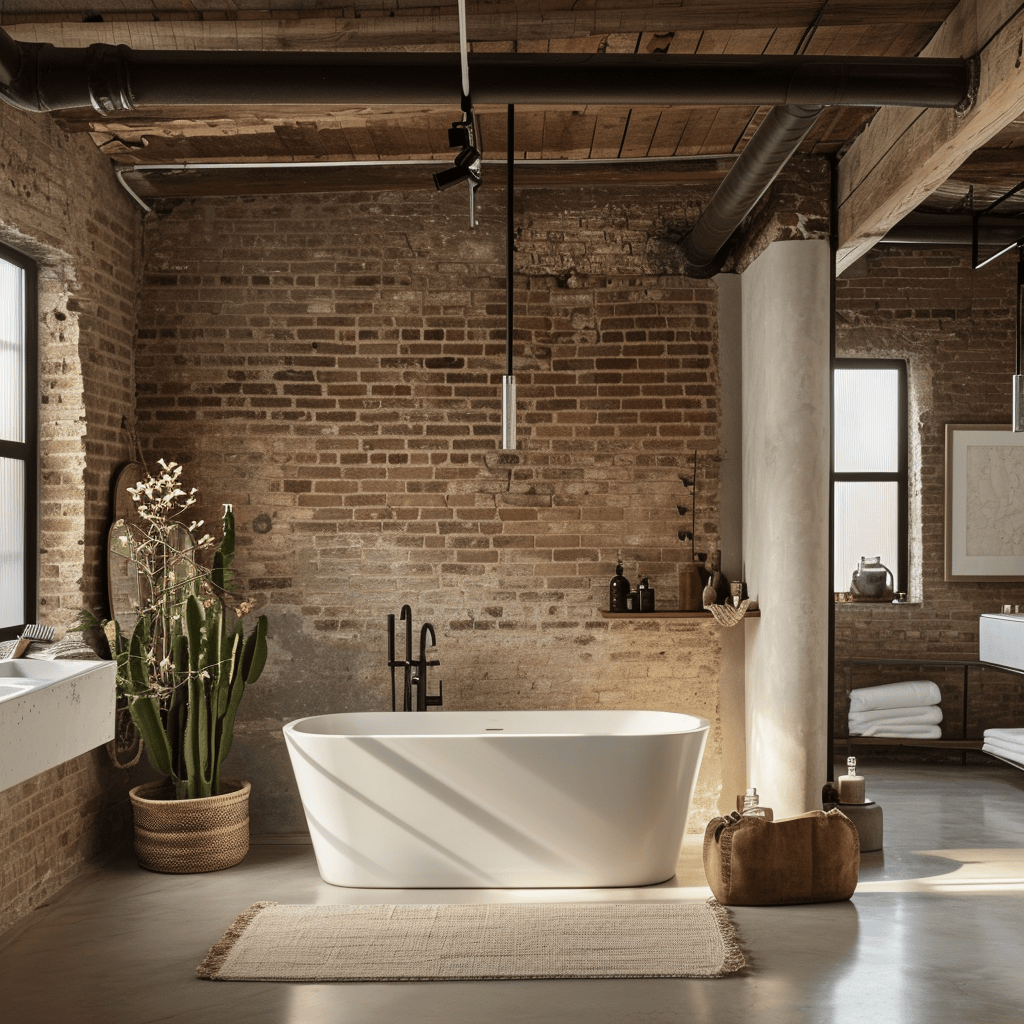 Handwoven rug on the floor of a warm, rustic bathroom