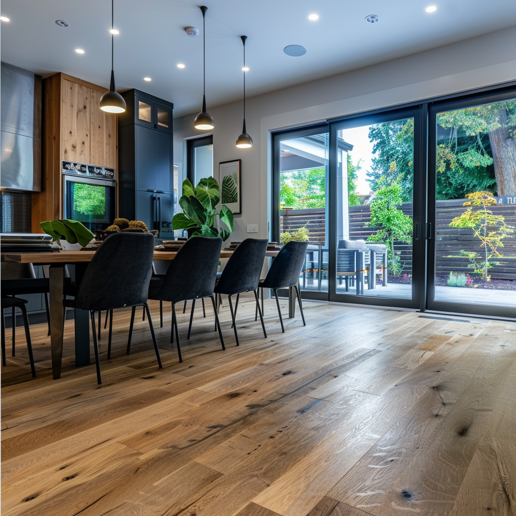 Hardwood flooring in a durable finish adds warmth and natural charm to this modern dining room, creating an inviting atmosphere