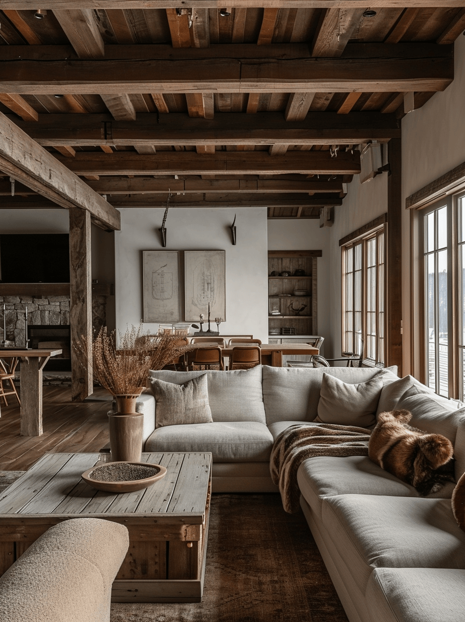 Hardwood floors and neutral color palette in a rustic-style living room