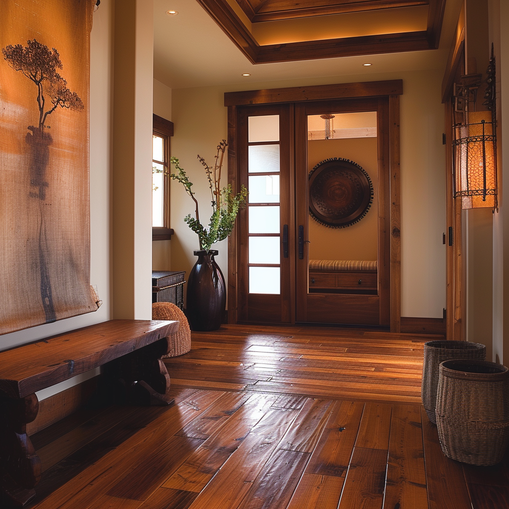 Harmonious Japandi hallway showcasing a blend of organic materials and subtle colors