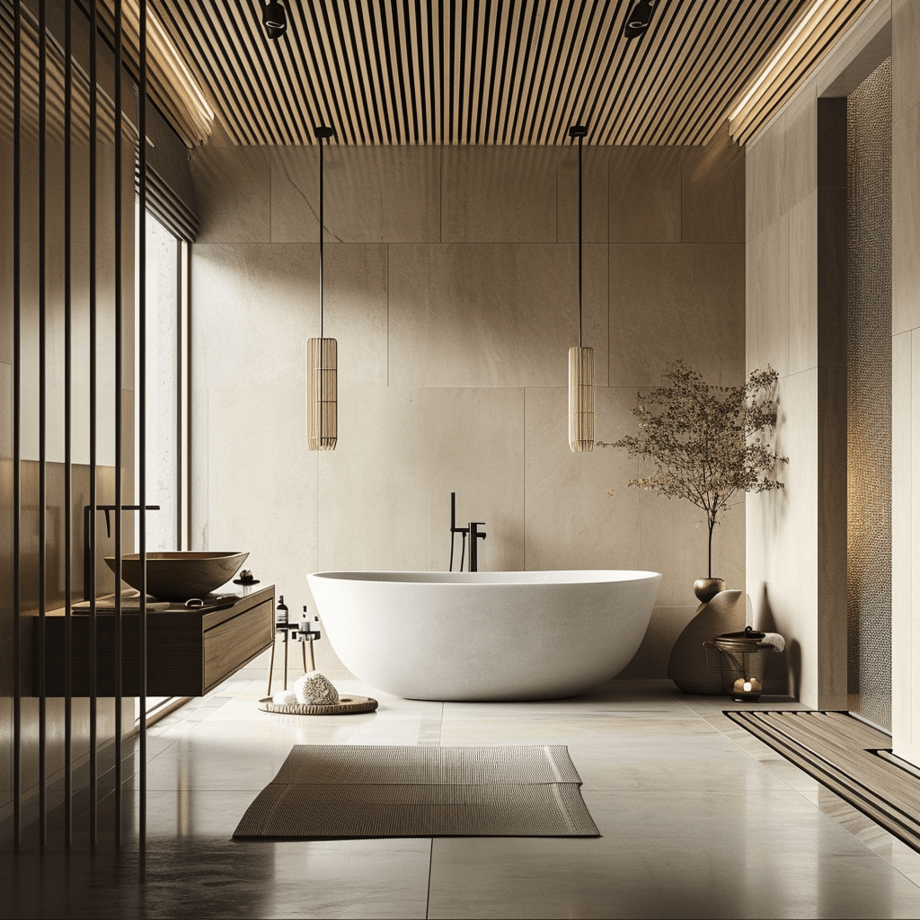 Harmonious Japandi style interior in a bathroom with a cohesive color palette and design