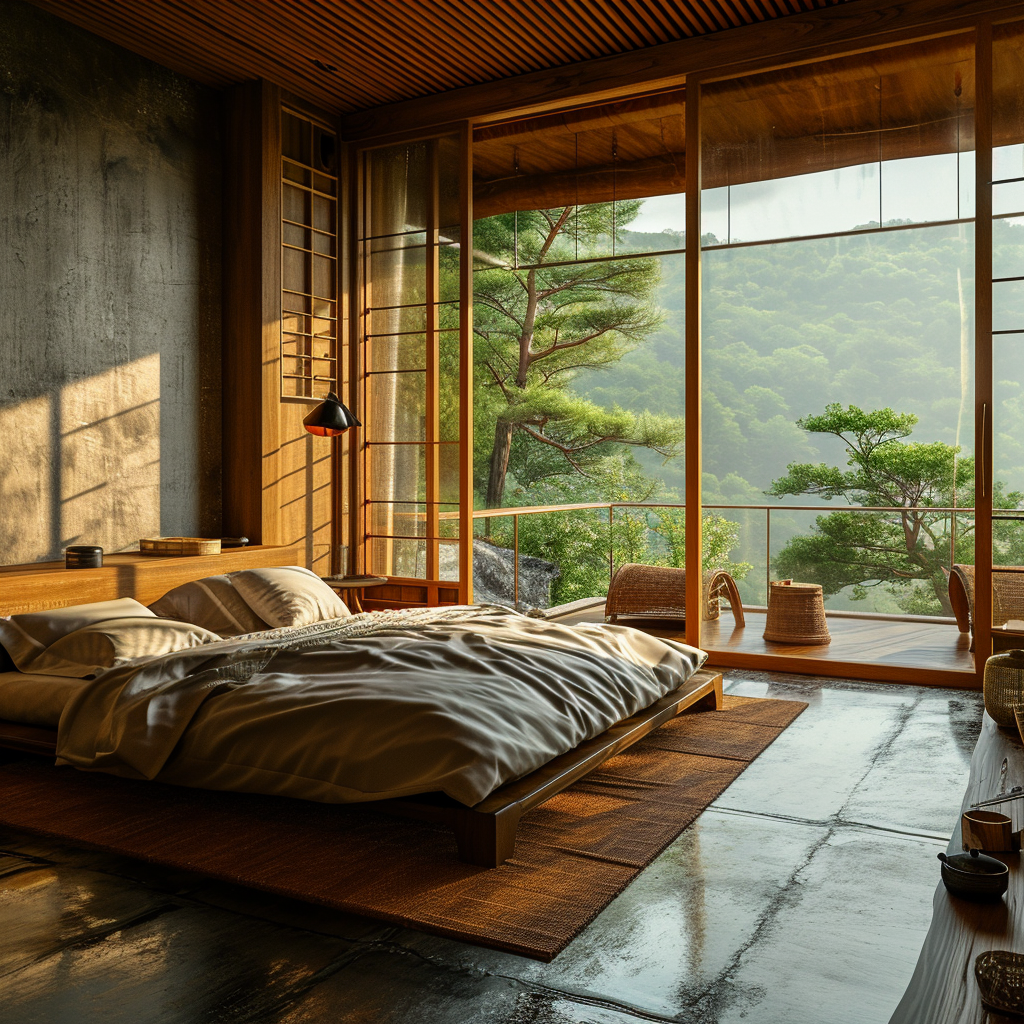 Harmonious Japanese bedroom with natural wood and soft textiles.