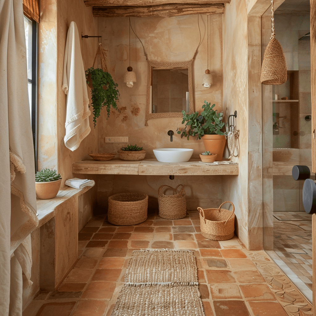 Harmonious Mediterranean bathroom with soothing terracotta floor tiles, a natural wood vanity, cozy woven baskets, and a display of potted succulents, fostering a connection to nature
