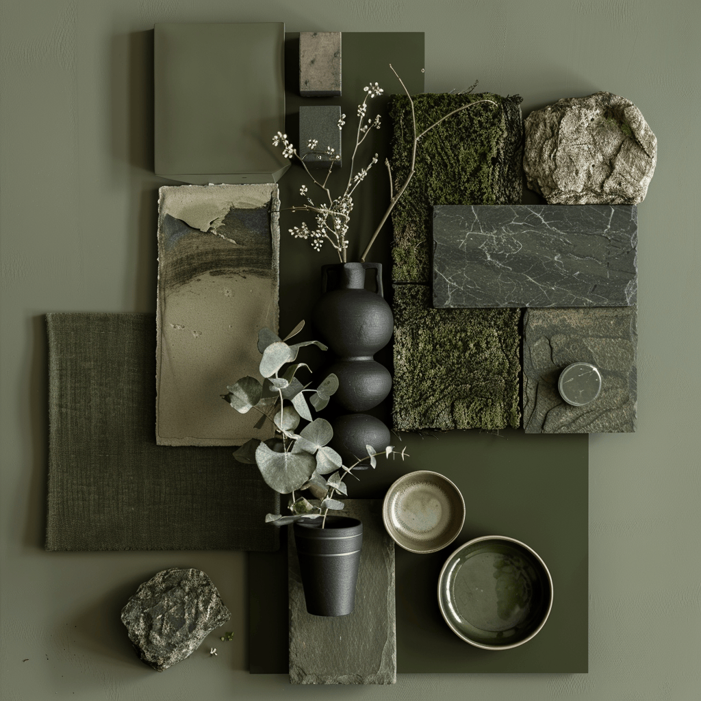 Harmonious dark olive green hues featured in a stylish interior design moodboard