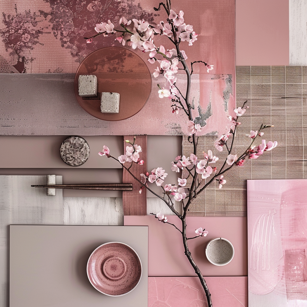 Harmonious pink color palette with swatches of salmon dusty rose and neon pink for textiles and accent furniture creating a warm and dynamic home design