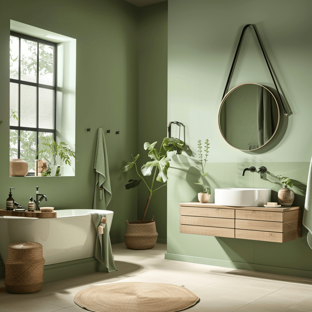 Health conscious Scandinavian bathroom showcasing walls coated in a serene lowVOC pale blue for a clean breathing environment