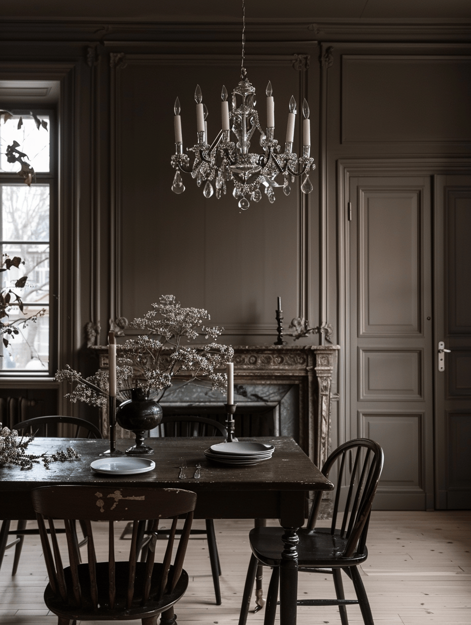 Herringbone wood floors offering a modern twist in a traditional Victorian dining room