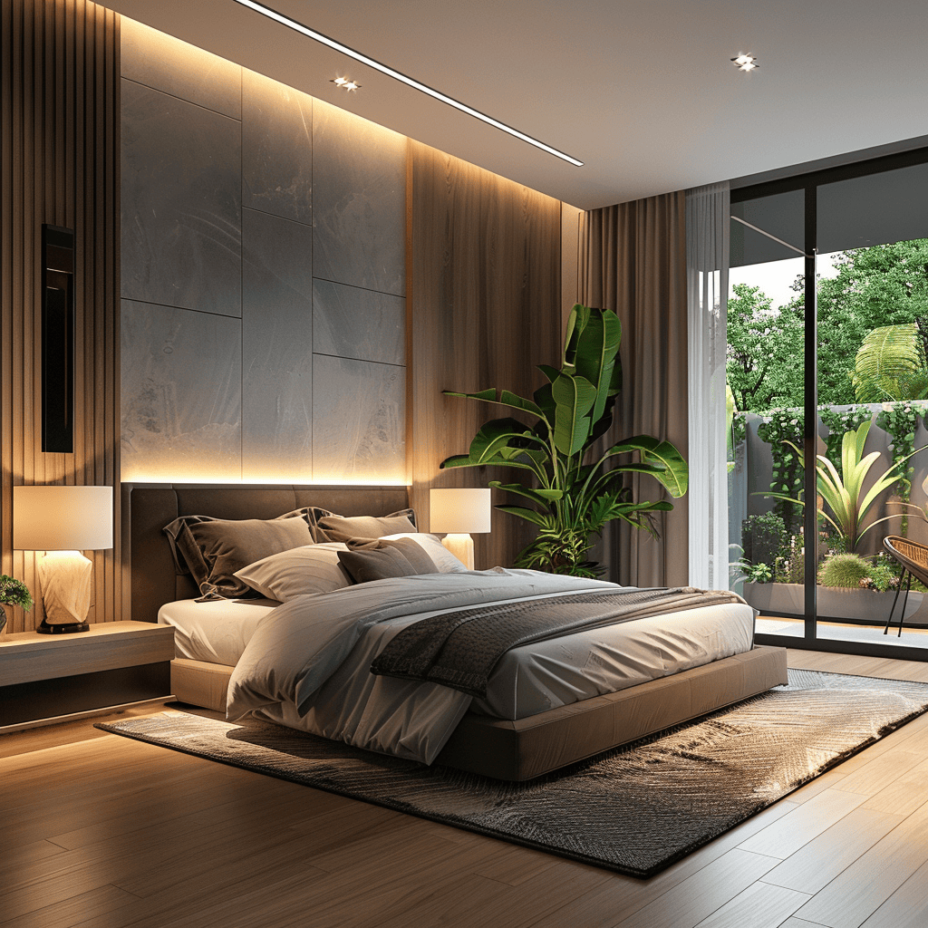 High-tech modern bedroom with a focus on incorporating automated lighting and climate control for a personalized and optimized living experience