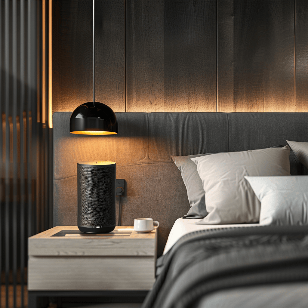 High-tech modern bedroom with a focus on incorporating user-friendly voice-activated assistants for a seamless and efficient living experience